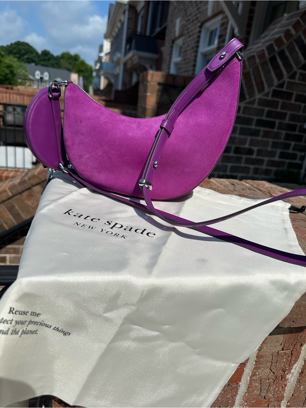 Kate Spade, Vibrant Purple Crescent Suede Duo Crossbody Bag NWOT